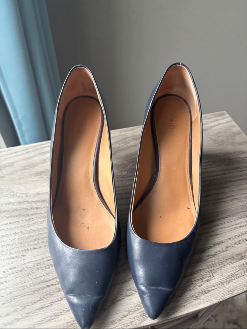 Calvin Klein Navy Pointed-Toe Leather Pumps - Picture 3 of 7